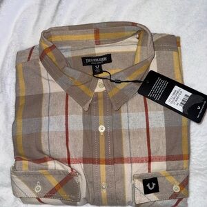 True Religion Men's Casual Plaid Shirt - Beige, Red, Yellow